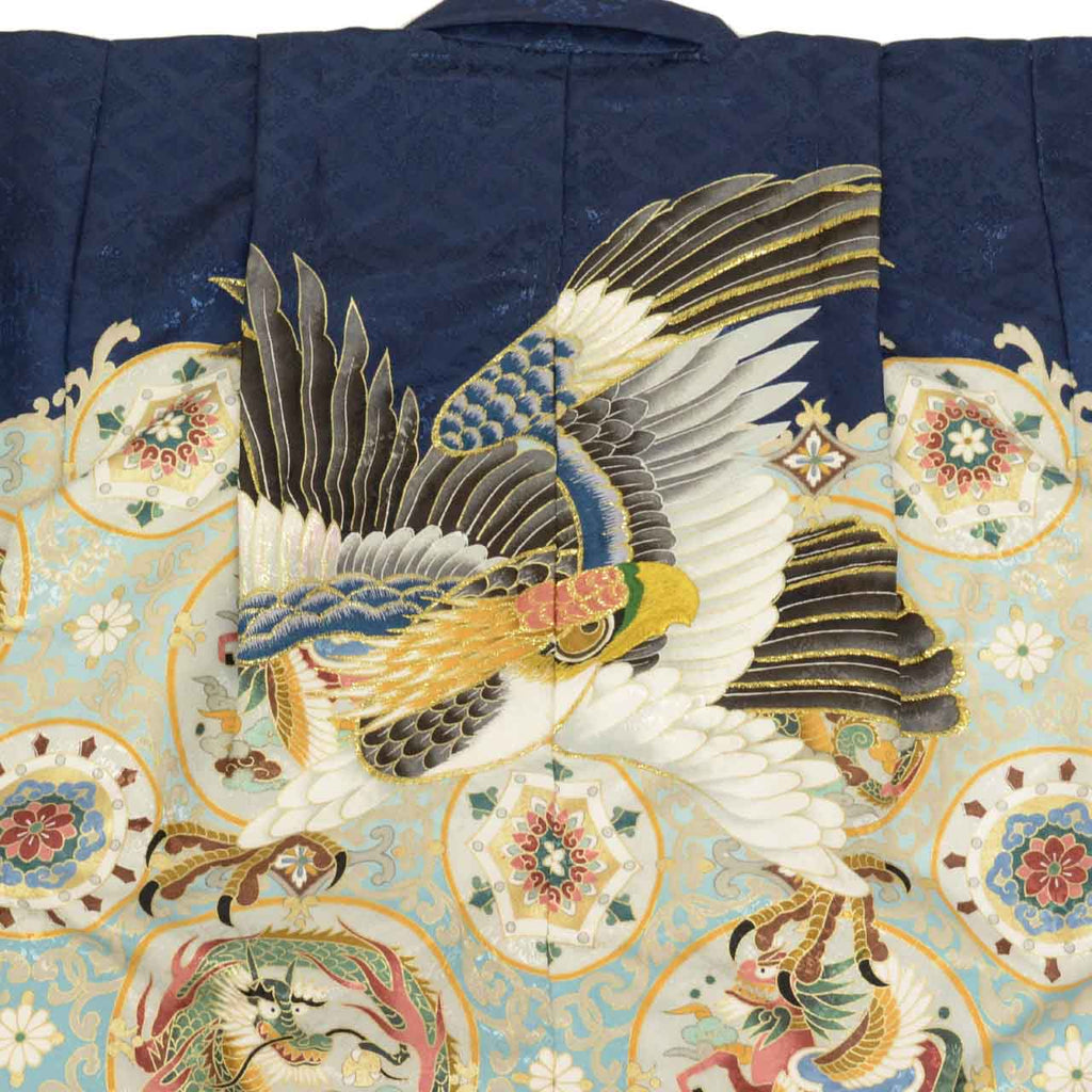 [Used] Recycled Shichi-Go-San Boy's 5-Year-Old Kimono and Haori Set (2 pieces) - Synthetic Fiber - Ready-made - Length 105cm, Sleeve Length 48.5cm - Navy Blue - Eagle Pattern Embroidery with Gold Thread - Traditional Japanese Pattern - uu0377b 