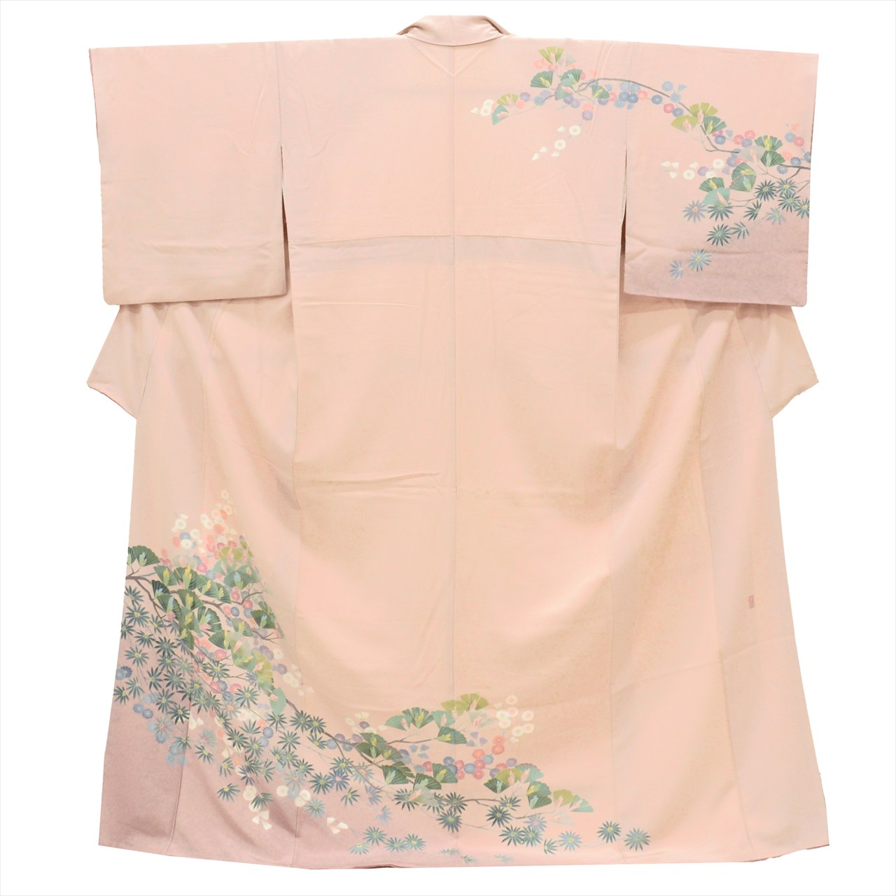 [Used] Recycled formal kimono, pure silk, lined, length 167.0cm (65.7in) (LL), sleeve length 68.4cm (26.9in), ready-made, recycled kimono, Okamura Sofu, pink, pine and flower pattern, Tokamachi Yuzen dyeing, with signature, hand-painted Yuzen, uu0405b 