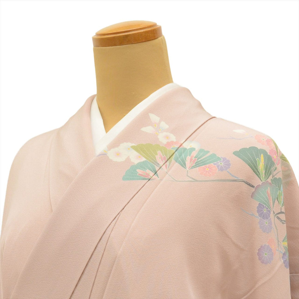 [Used] Recycled formal kimono, pure silk, lined, length 167.0cm (65.7in) (LL), sleeve length 68.4cm (26.9in), ready-made, recycled kimono, Okamura Sofu, pink, pine and flower pattern, Tokamachi Yuzen dyeing, with signature, hand-painted Yuzen, uu0405b 