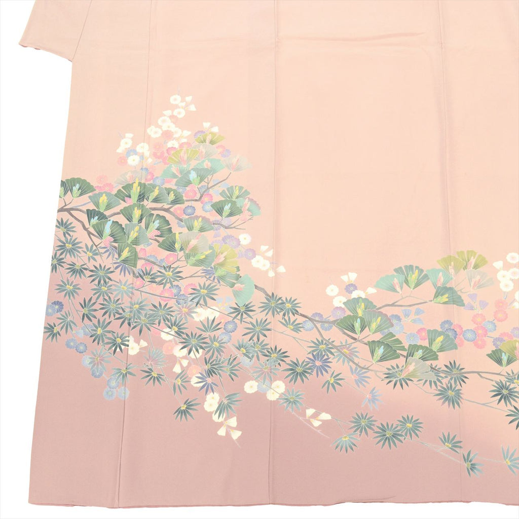 [Used] Recycled formal kimono, pure silk, lined, length 167.0cm (65.7in) (LL), sleeve length 68.4cm (26.9in), ready-made, recycled kimono, Okamura Sofu, pink, pine and flower pattern, Tokamachi Yuzen dyeing, with signature, hand-painted Yuzen, uu0405b 