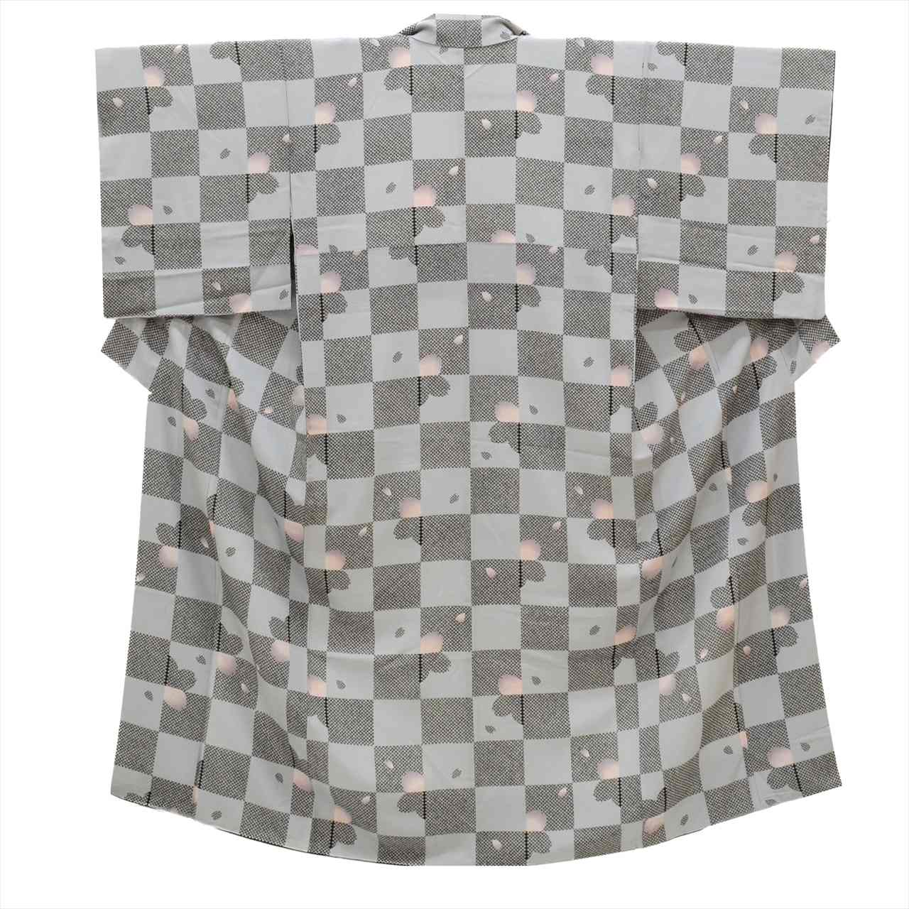 [Used] Komon (small patterned) recycled kimono, pure silk, lined, length 152.3cm, size S, sleeve length 66.8cm, gray color scheme, checkered and cherry blossom pattern, high quality, semi-formal, spring, summer, autumn, winter, ready-made. 