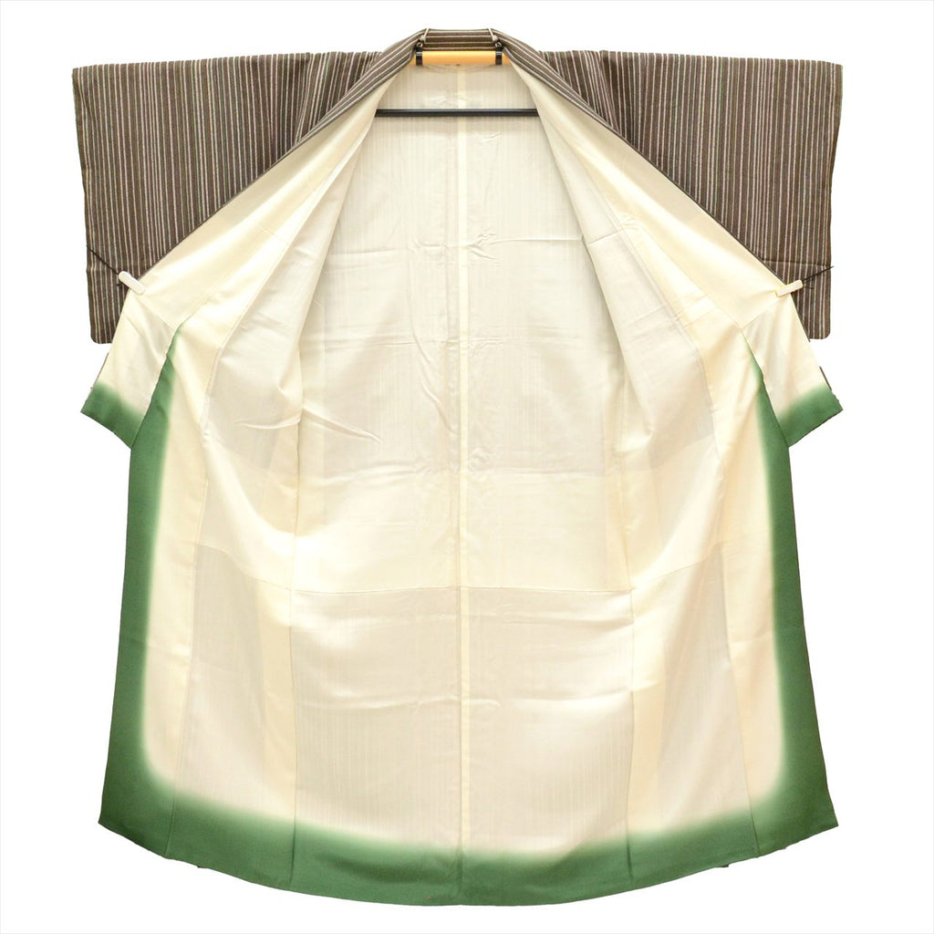 [Used] Komon (small patterned) recycled kimono, pure silk, lined, length 150.8cm (59.4in), size S, sleeve length 67.0cm (26.4in), brown stripe pattern, high quality, semi-formal, spring, summer, autumn, winter, ready-made. 
