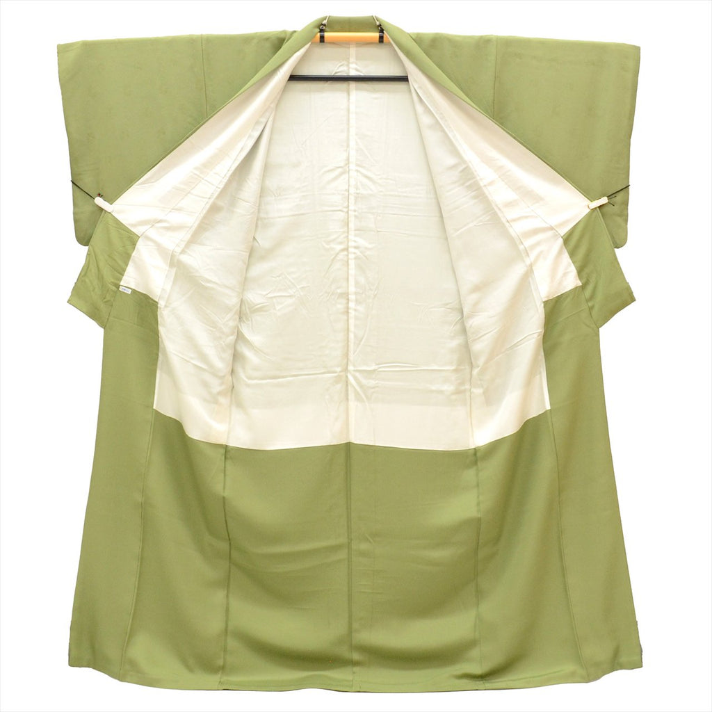 [Used] Plain colored silk kimono, length 162.5cm, size L, sleeve length 68cm, lined, ready-made, recycled kimono, green with round floral pattern, uu0411b, suitable for entrance ceremonies, graduation ceremonies, kindergarten entrance ceremonies. 