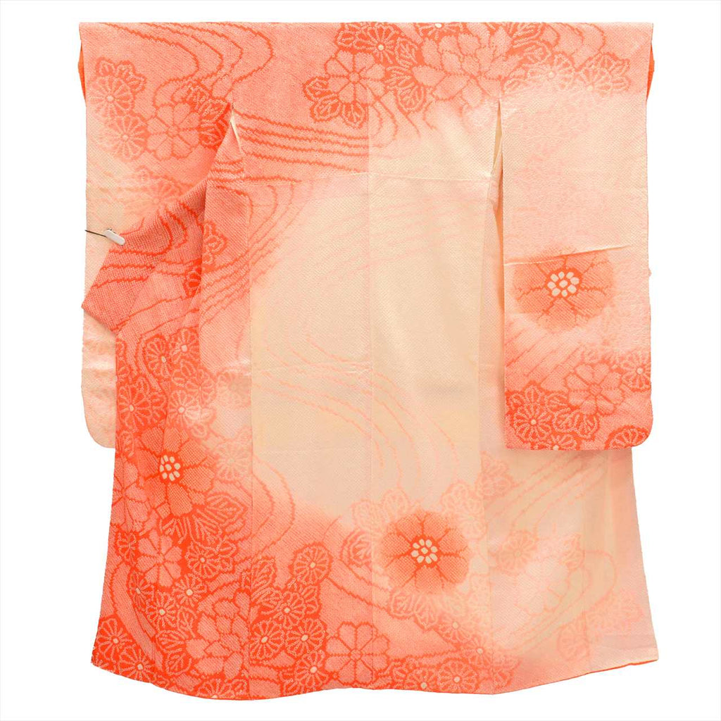 [Used] Furisode (long-sleeved kimono) and Nagajuban (undergarment) set, pure silk, length 157.0cm (61.8in) (size M), sleeve length 66.0cm (26.0in), orange color, floral pattern, with half-collar, fully tie-dyed, vintage, women's outfit, uu0429b 