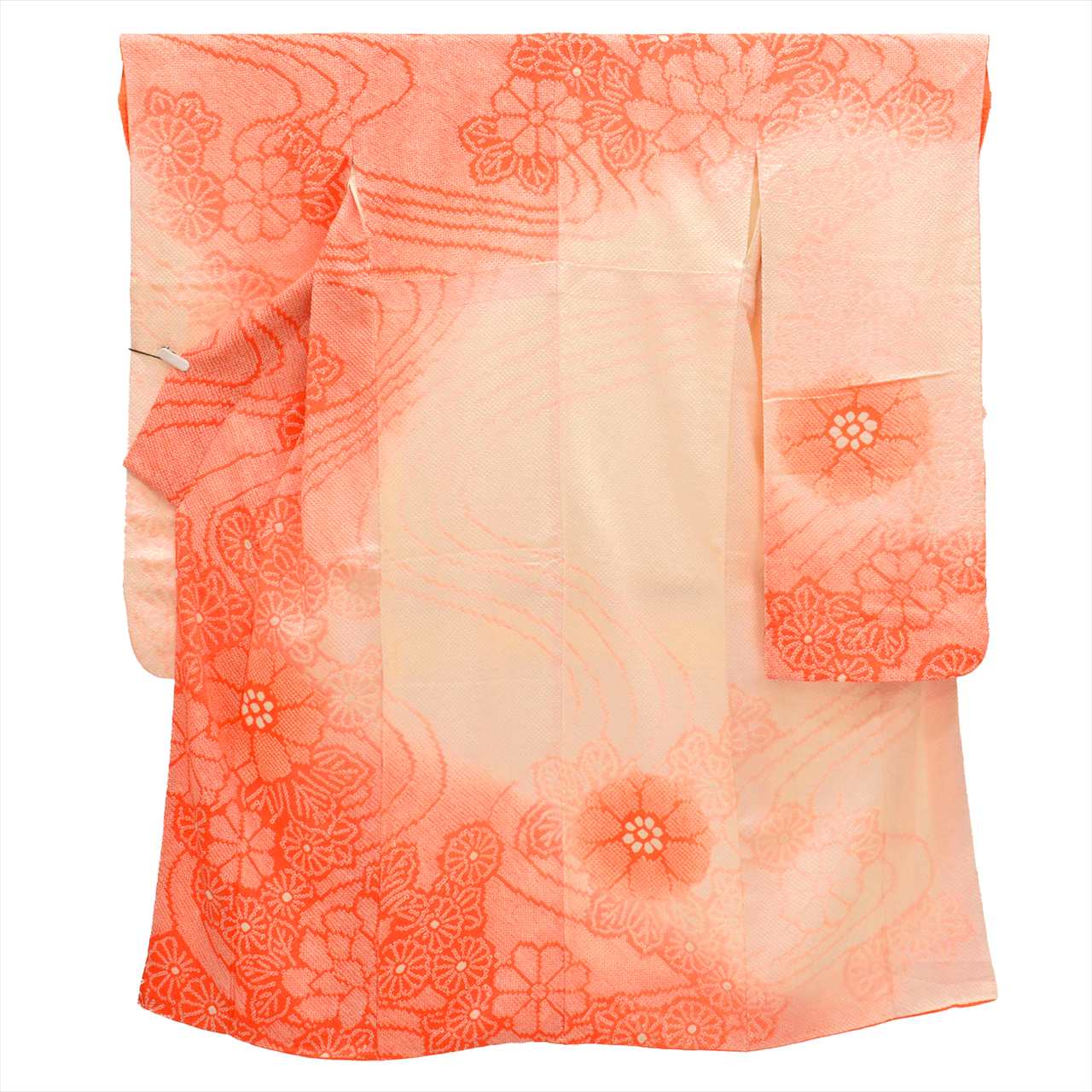 [Used] Furisode (long-sleeved kimono) and Nagajuban (undergarment) set, pure silk, length 157.0cm (61.8in) (size M), sleeve length 66.0cm (26.0in), orange color, floral pattern, with half-collar, fully tie-dyed, vintage, women's outfit, uu0429b 