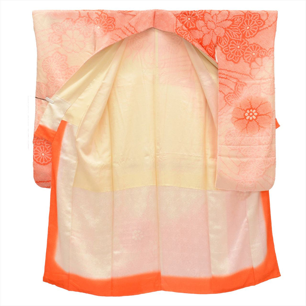 [Used] Furisode (long-sleeved kimono) and Nagajuban (undergarment) set, pure silk, length 157.0cm (61.8in) (size M), sleeve length 66.0cm (26.0in), orange color, floral pattern, with half-collar, fully tie-dyed, vintage, women's outfit, uu0429b 