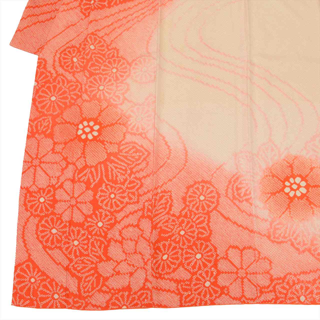 [Used] Furisode (long-sleeved kimono) and Nagajuban (undergarment) set, pure silk, length 157.0cm (61.8in) (size M), sleeve length 66.0cm (26.0in), orange color, floral pattern, with half-collar, fully tie-dyed, vintage, women's outfit, uu0429b 