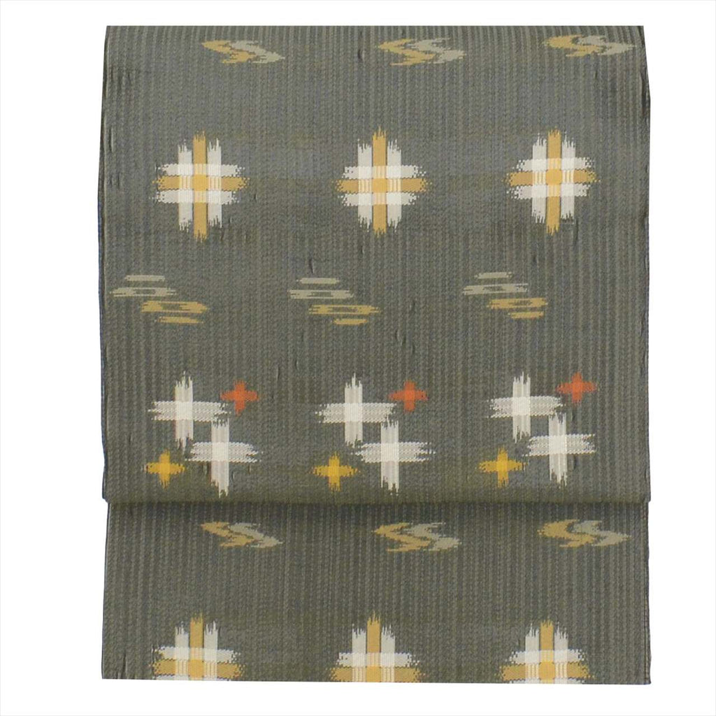 Vintage Japanese Obi | Sha-re Fukuro Obi | Gray Mixed Weave | Kasuri Pattern | Sustainable | uu0435b