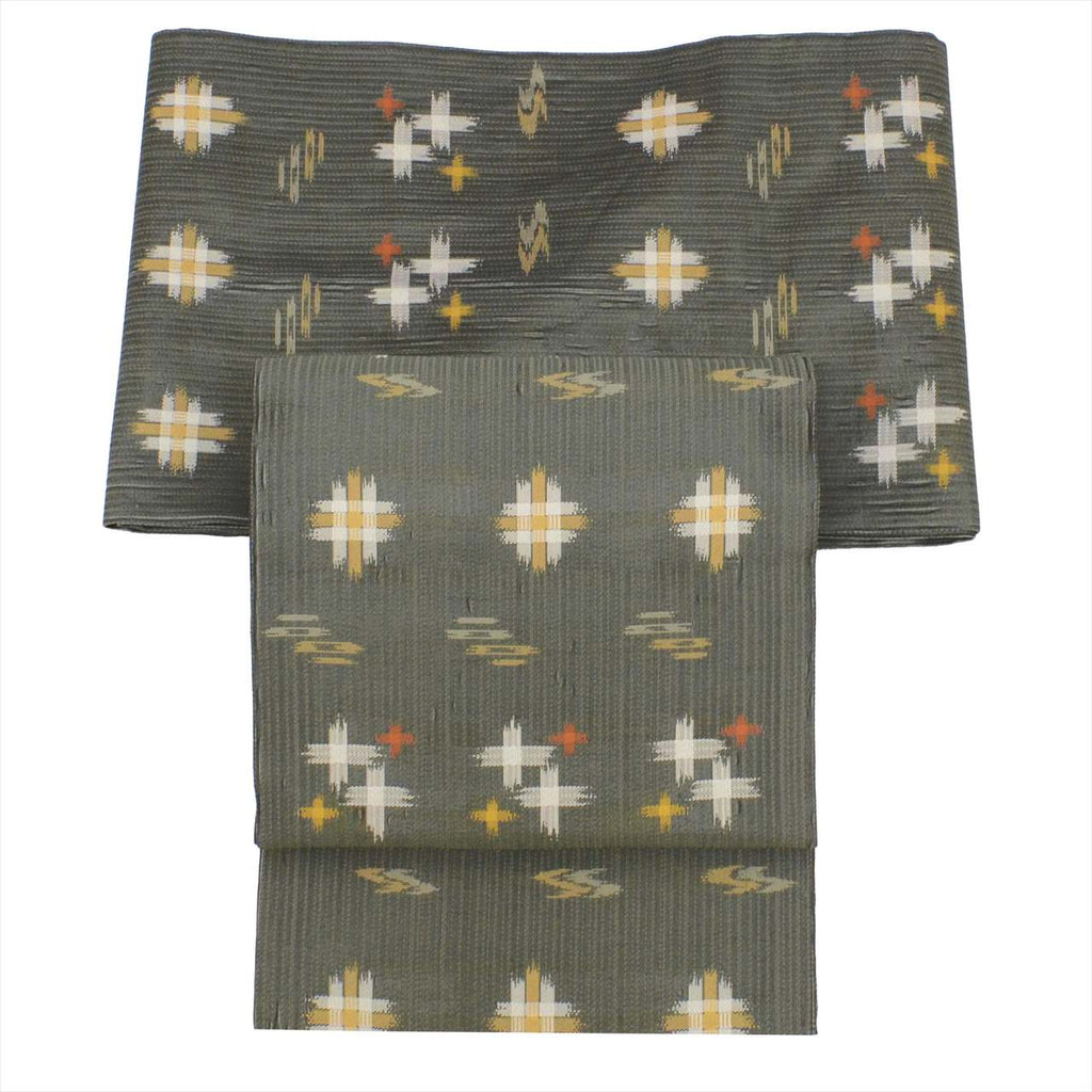 Vintage Japanese Obi | Sha-re Fukuro Obi | Gray Mixed Weave | Kasuri Pattern | Sustainable | uu0435b