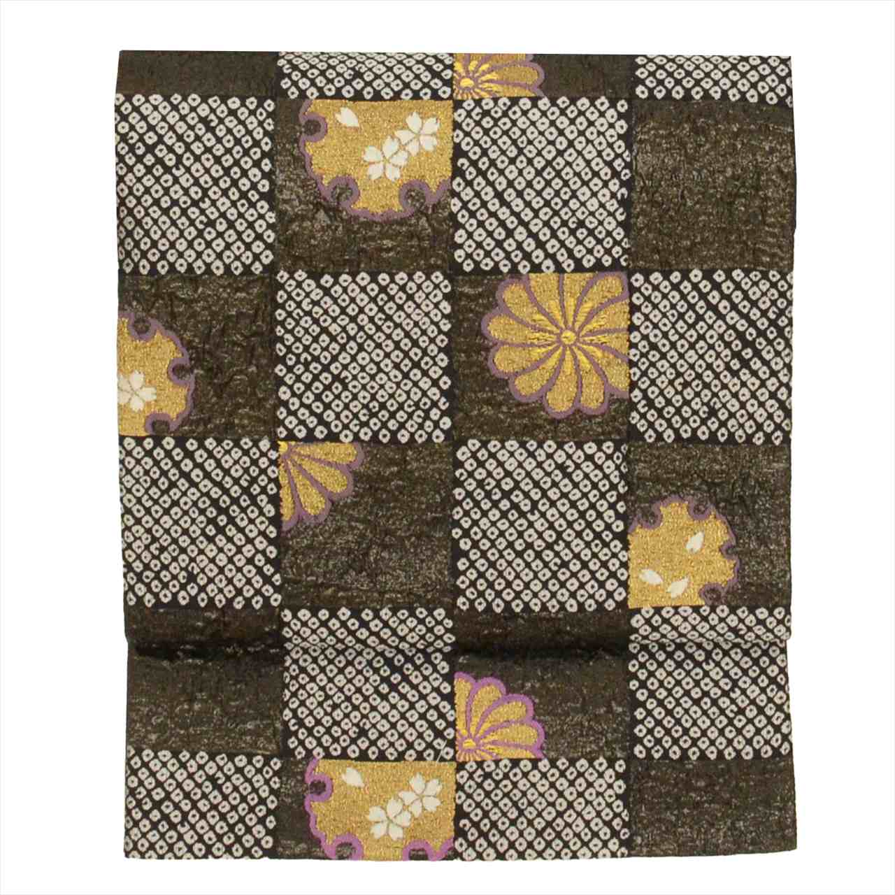 Vintage Japanese Obi | Sha-re Fukuro Obi | Black Silk | Checkerboard Snow Circle | Gold Thread | Sustainable | uu0438b