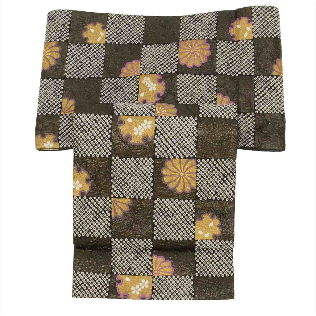 Vintage Japanese Obi | Sha-re Fukuro Obi | Black Silk | Checkerboard Snow Circle | Gold Thread | Sustainable | uu0438b