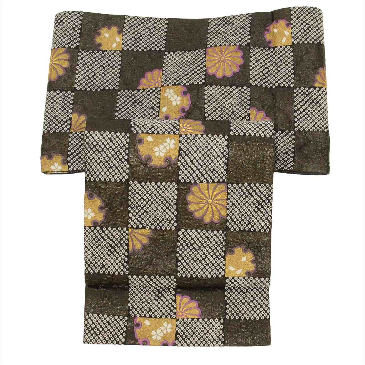 Vintage Japanese Obi | Sha-re Fukuro Obi | Black Silk | Checkerboard Snow Circle | Gold Thread | Sustainable | uu0438b