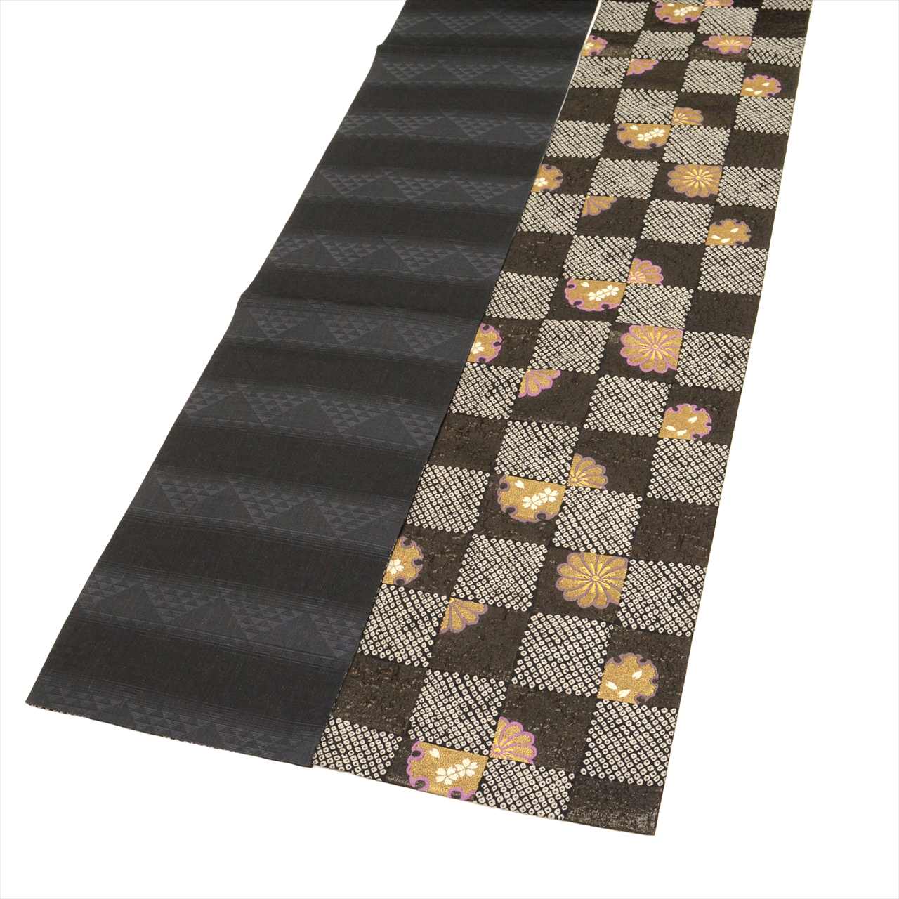 Vintage Japanese Obi | Sha-re Fukuro Obi | Black Silk | Checkerboard Snow Circle | Gold Thread | Sustainable | uu0438b