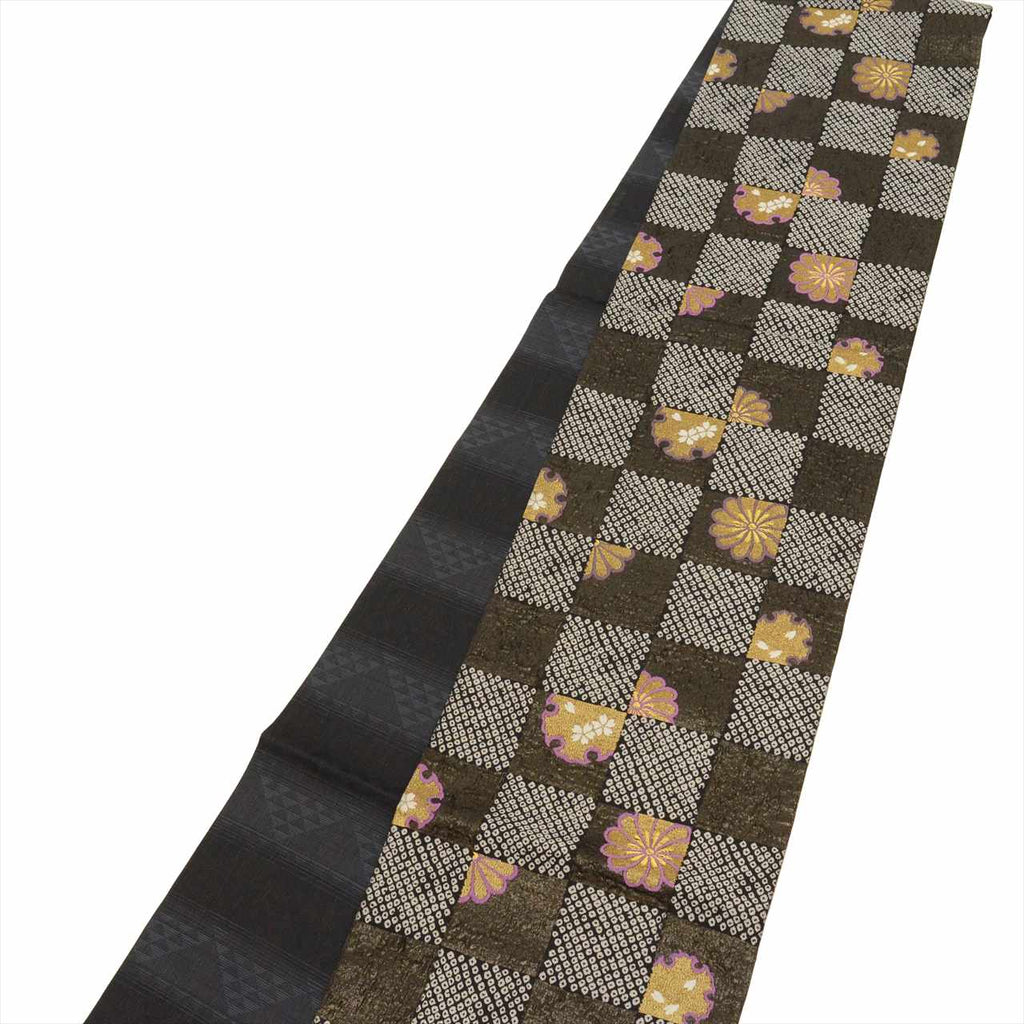 Vintage Japanese Obi | Sha-re Fukuro Obi | Black Silk | Checkerboard Snow Circle | Gold Thread | Sustainable | uu0438b