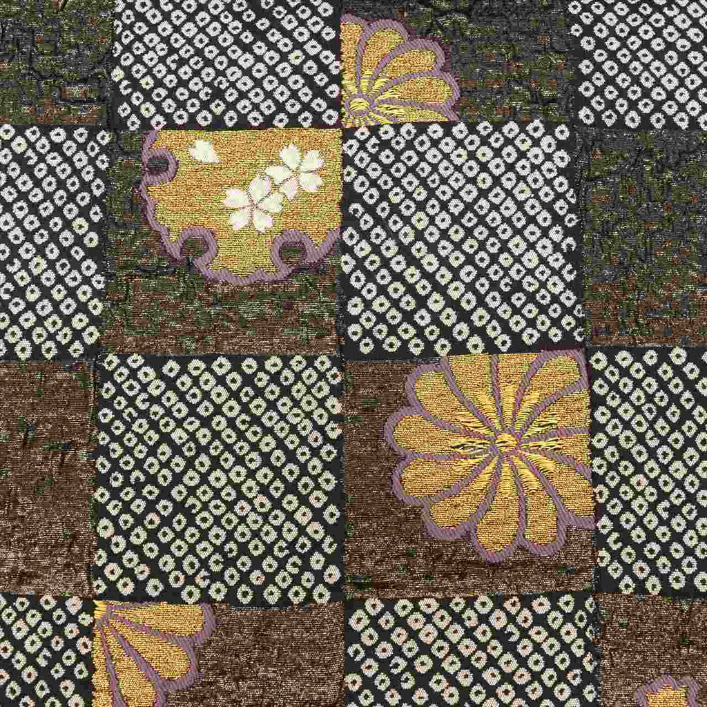 Vintage Japanese Obi | Sha-re Fukuro Obi | Black Silk | Checkerboard Snow Circle | Gold Thread | Sustainable | uu0438b
