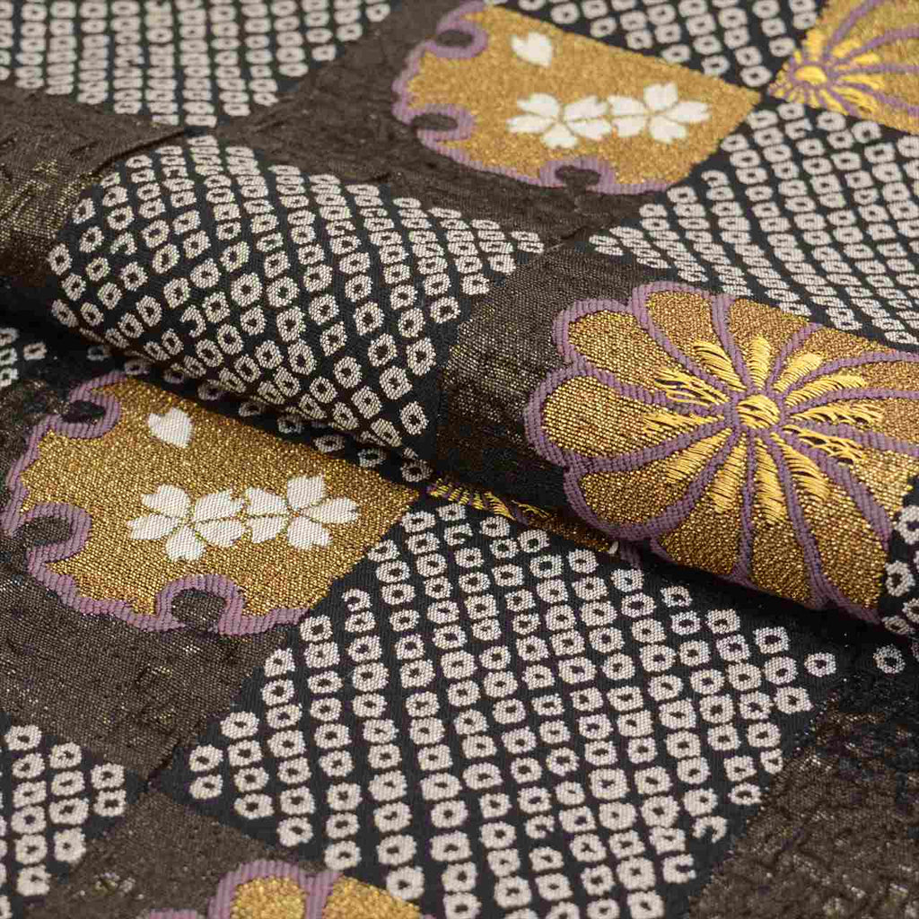 Vintage Japanese Obi | Sha-re Fukuro Obi | Black Silk | Checkerboard Snow Circle | Gold Thread | Sustainable | uu0438b