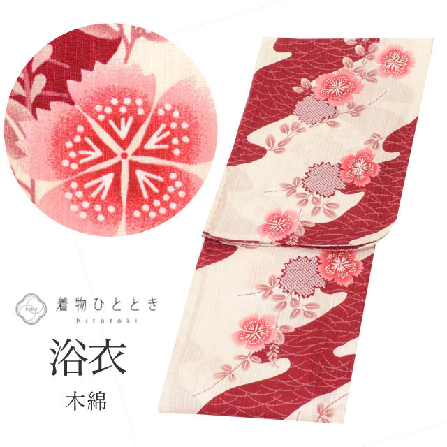 【中古】 浴衣 単品 木綿 レディース 女性 身丈160cm M 裄69cm リサイクル浴衣 白色系 花文様 綿絽 uu0460b