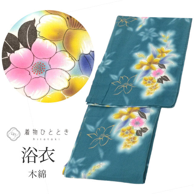 【中古】 浴衣 単品 木綿 身丈150.5cm S 裄64cm 仕立て上がり リサイクル浴衣 緑色系 椿文様 コーマ地 金彩 uu0463b