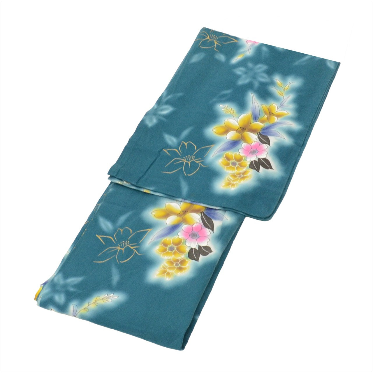 Vintage Japanese Yukata | Women's Yukata | Green Cotton | Camellia Pattern | Gold Foil | Koma-ji | Petite Size S | Sustainable | uu0463b