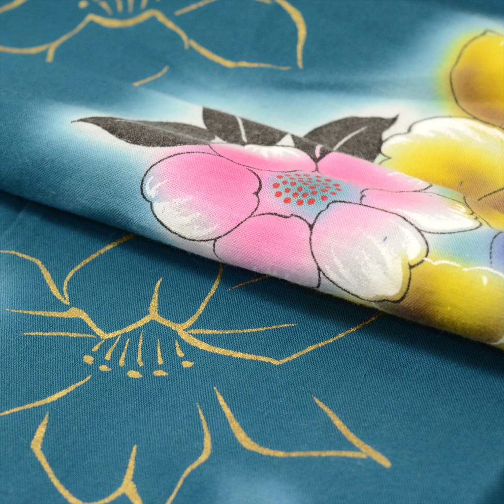 Vintage Japanese Yukata | Women's Yukata | Green Cotton | Camellia Pattern | Gold Foil | Koma-ji | Petite Size S | Sustainable | uu0463b