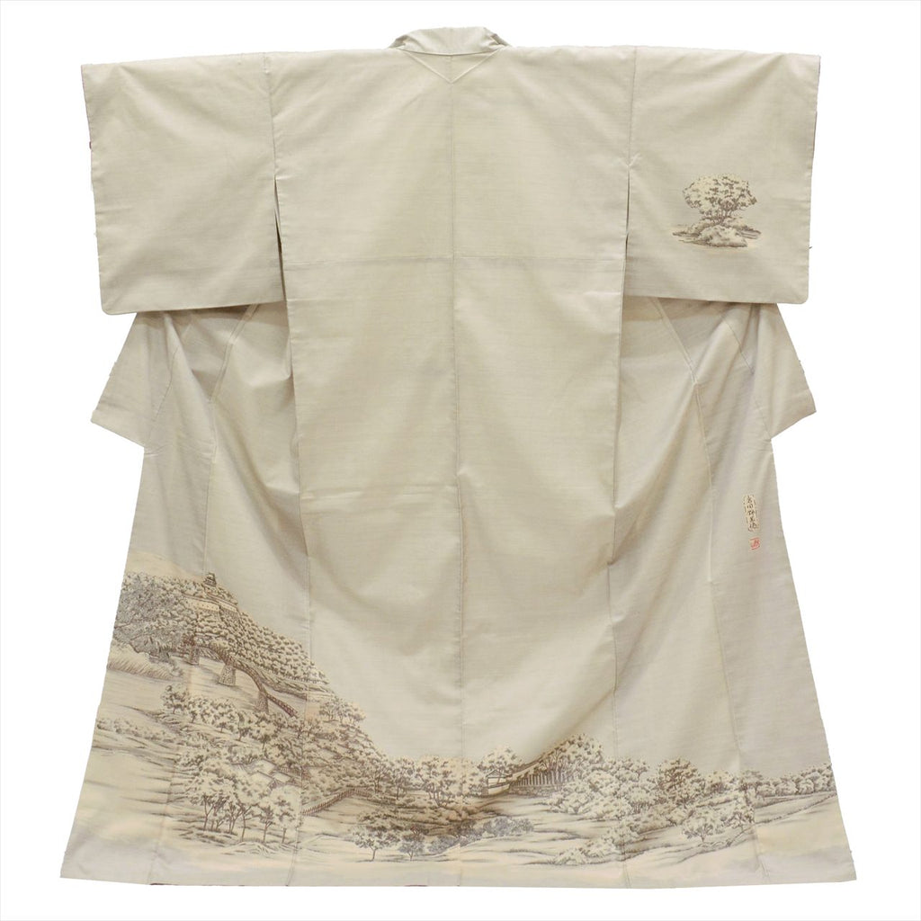 Vintage Japanese Kimono | Shiro Oshima Tsumugi | Gray Silk | Iwakuni Cotton Bridge Pattern | Tsukesage | Sustainable | uu0479b