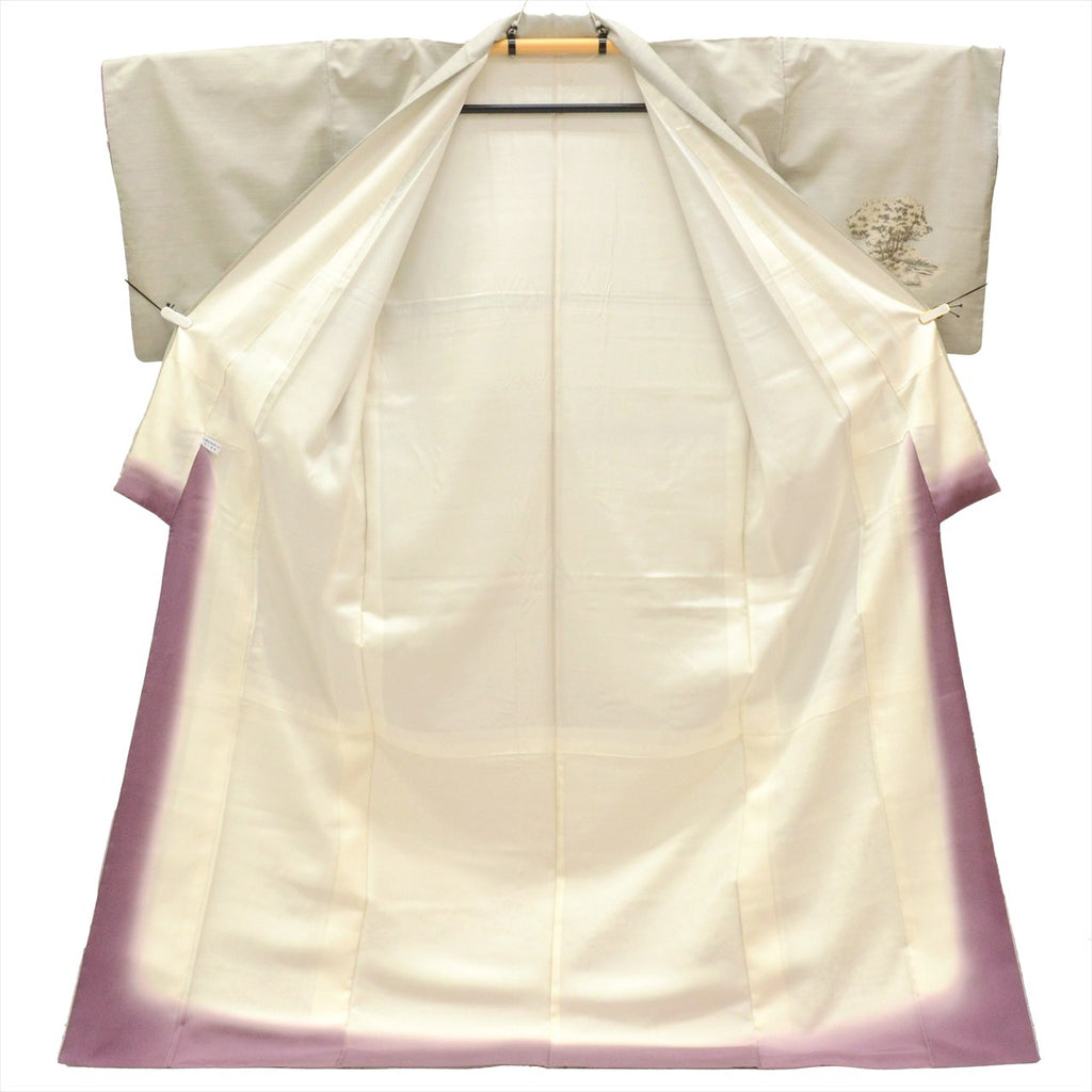 Vintage Japanese Kimono | Shiro Oshima Tsumugi | Gray Silk | Iwakuni Cotton Bridge Pattern | Tsukesage | Sustainable | uu0479b