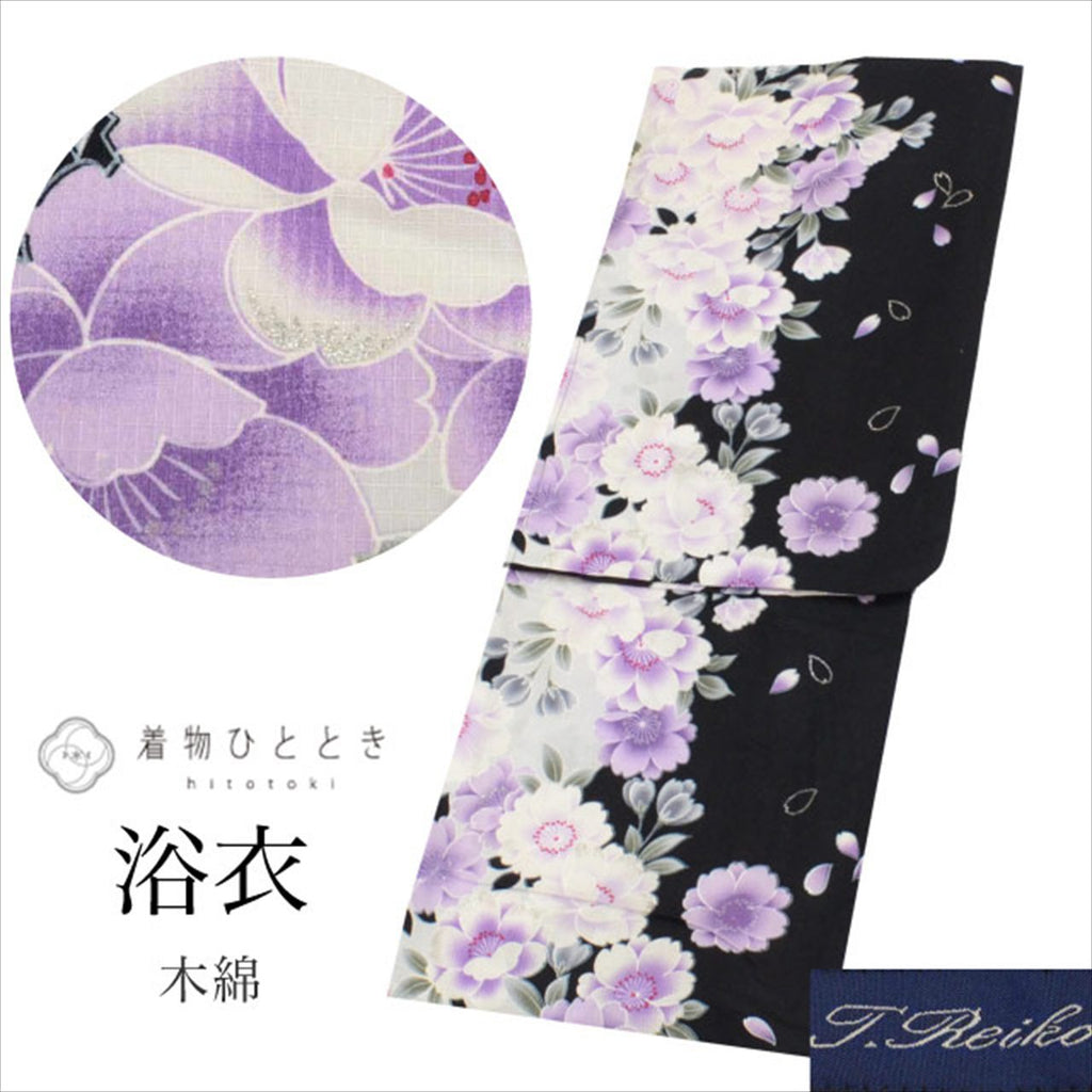 【中古】 リサイクル 浴衣 単品 木綿 身丈164cm L 裄65cm 仕立て上がり 黒色系 桜文様 J.Reika 麗華 綿紅梅 銀彩 uu0508b