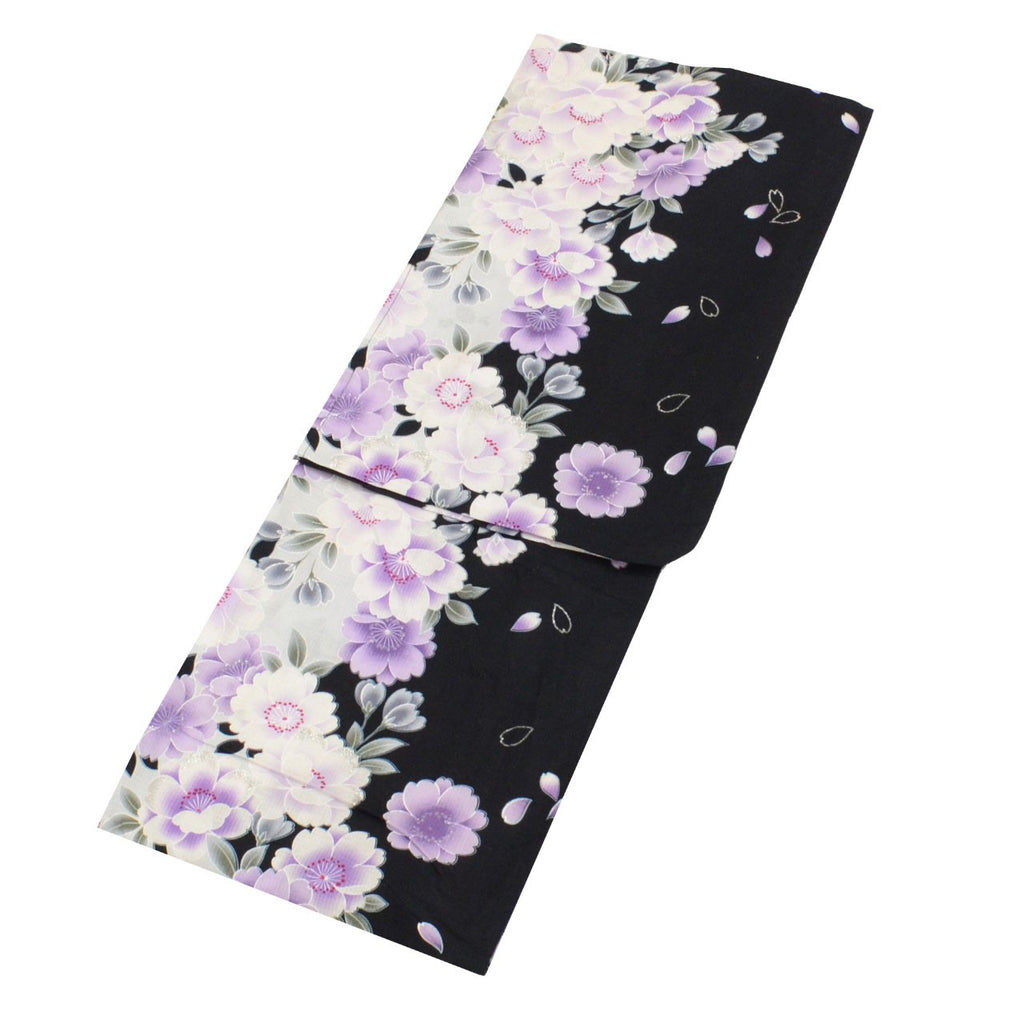 Vintage Japanese Yukata | Women's Yukata | Black Cotton Koubai | Sakura Pattern | Silver Foil | J.Reika Reiha | Sustainable | uu0508b
