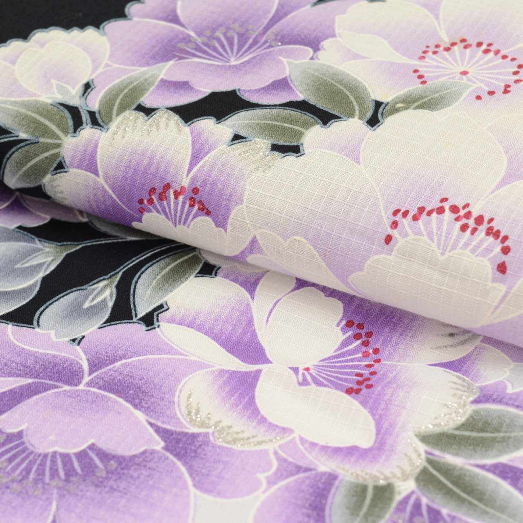 Vintage Japanese Yukata | Women's Yukata | Black Cotton Koubai | Sakura Pattern | Silver Foil | J.Reika Reiha | Sustainable | uu0508b
