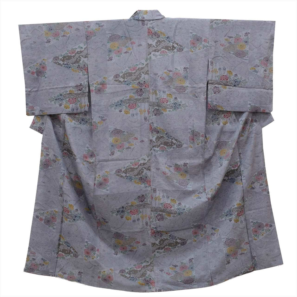 [Used] Komon (small patterned kimono), unlined, pure silk, length 150.8cm (59.4in), size S, sleeve length 70.0cm (27.6in), ready-made, recycled kimono, purple tones, landscape pattern, Bingata dyeing, uu0513b 