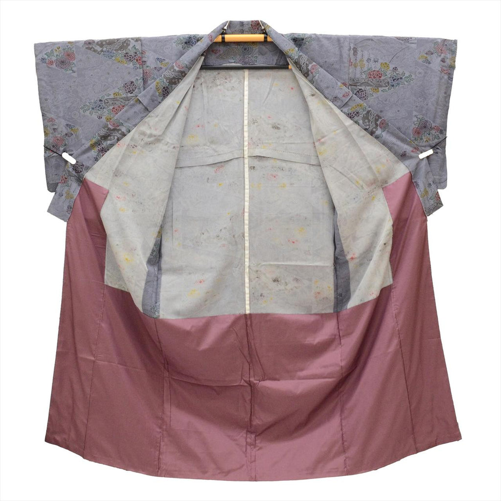 [Used] Komon (small patterned kimono), unlined, pure silk, length 150.8cm (59.4in), size S, sleeve length 70.0cm (27.6in), ready-made, recycled kimono, purple tones, landscape pattern, Bingata dyeing, uu0513b 
