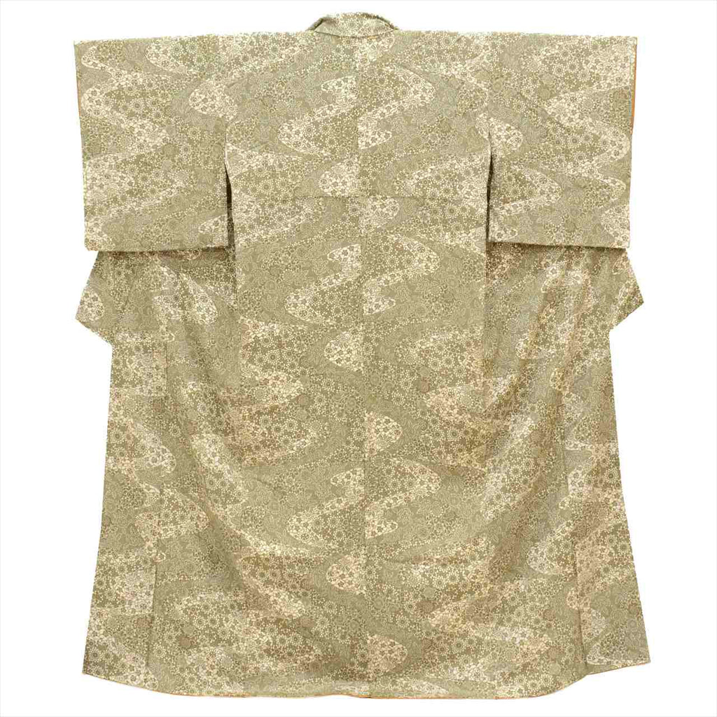 [Used] Komon (small patterned) recycled kimono, pure silk, lined, length 160cm, size M, sleeve length 64.2cm, excellent condition, green, floral arabesque pattern, stencil dyed, high quality, semi-formal, spring, summer, autumn, winter, ready-made. 