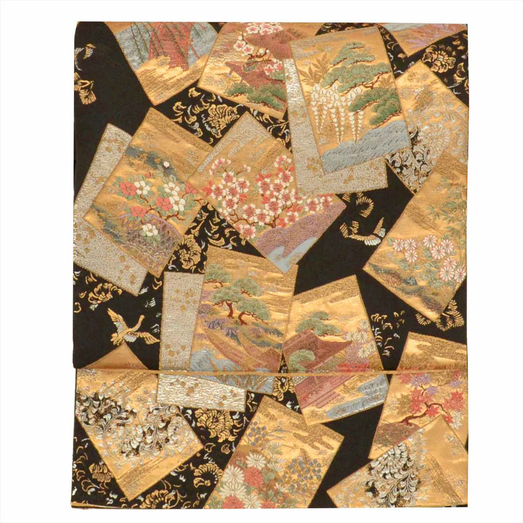 Vintage Japanese Obi | Fukuro Obi | Black Silk | Color Paper Pattern | Hikihaku Embroidery Gold Thread | Sustainable | uu0519b