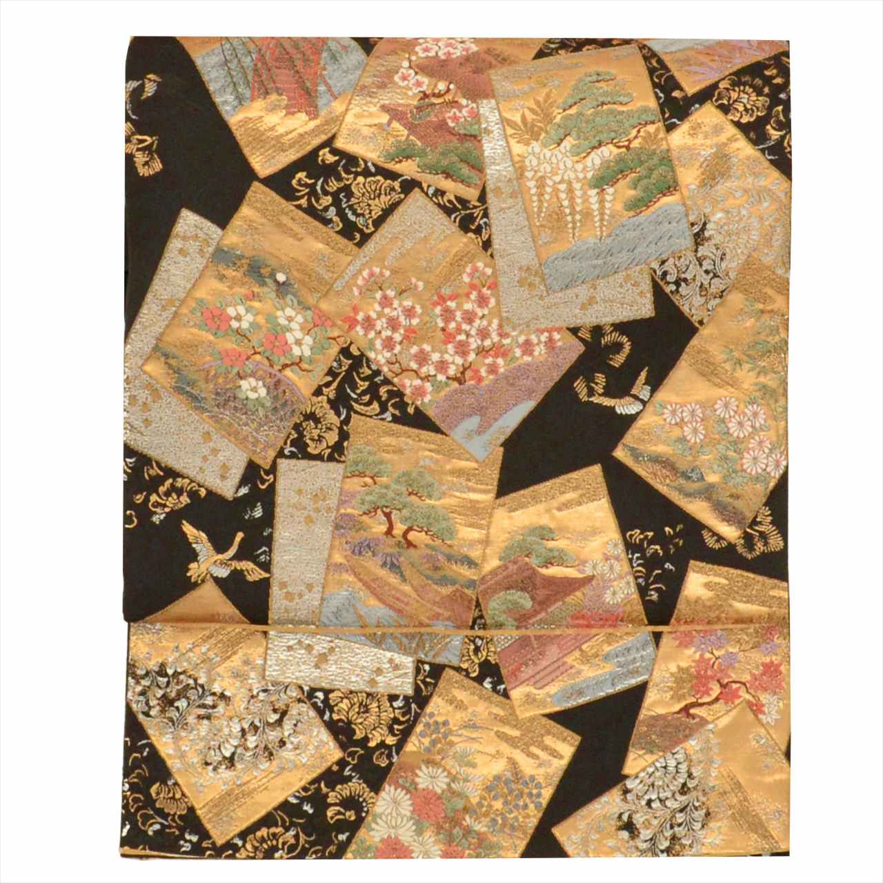 Vintage Japanese Obi | Fukuro Obi | Black Silk | Color Paper Pattern | Hikihaku Embroidery Gold Thread | Sustainable | uu0519b