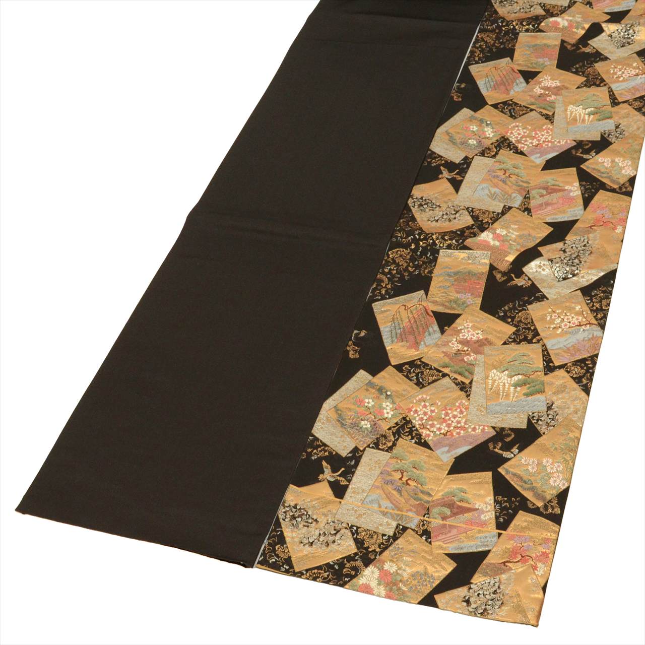 Vintage Japanese Obi | Fukuro Obi | Black Silk | Color Paper Pattern | Hikihaku Embroidery Gold Thread | Sustainable | uu0519b