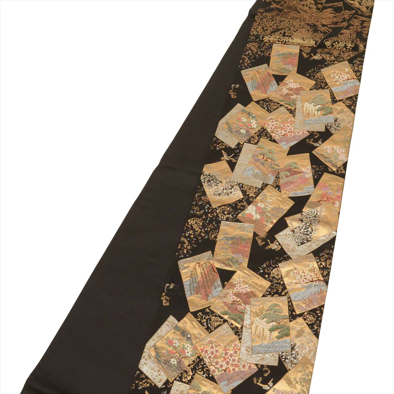 Vintage Japanese Obi | Fukuro Obi | Black Silk | Color Paper Pattern | Hikihaku Embroidery Gold Thread | Sustainable | uu0519b