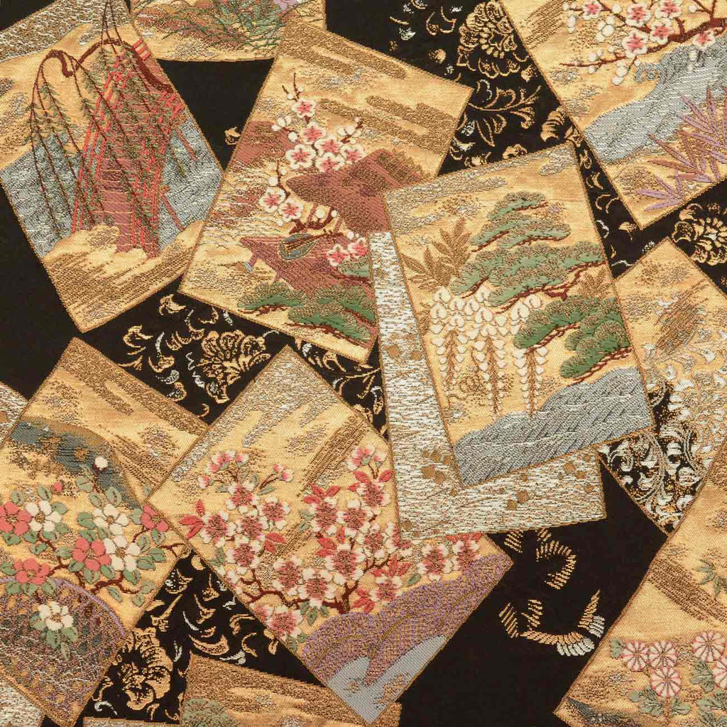 Vintage Japanese Obi | Fukuro Obi | Black Silk | Color Paper Pattern | Hikihaku Embroidery Gold Thread | Sustainable | uu0519b