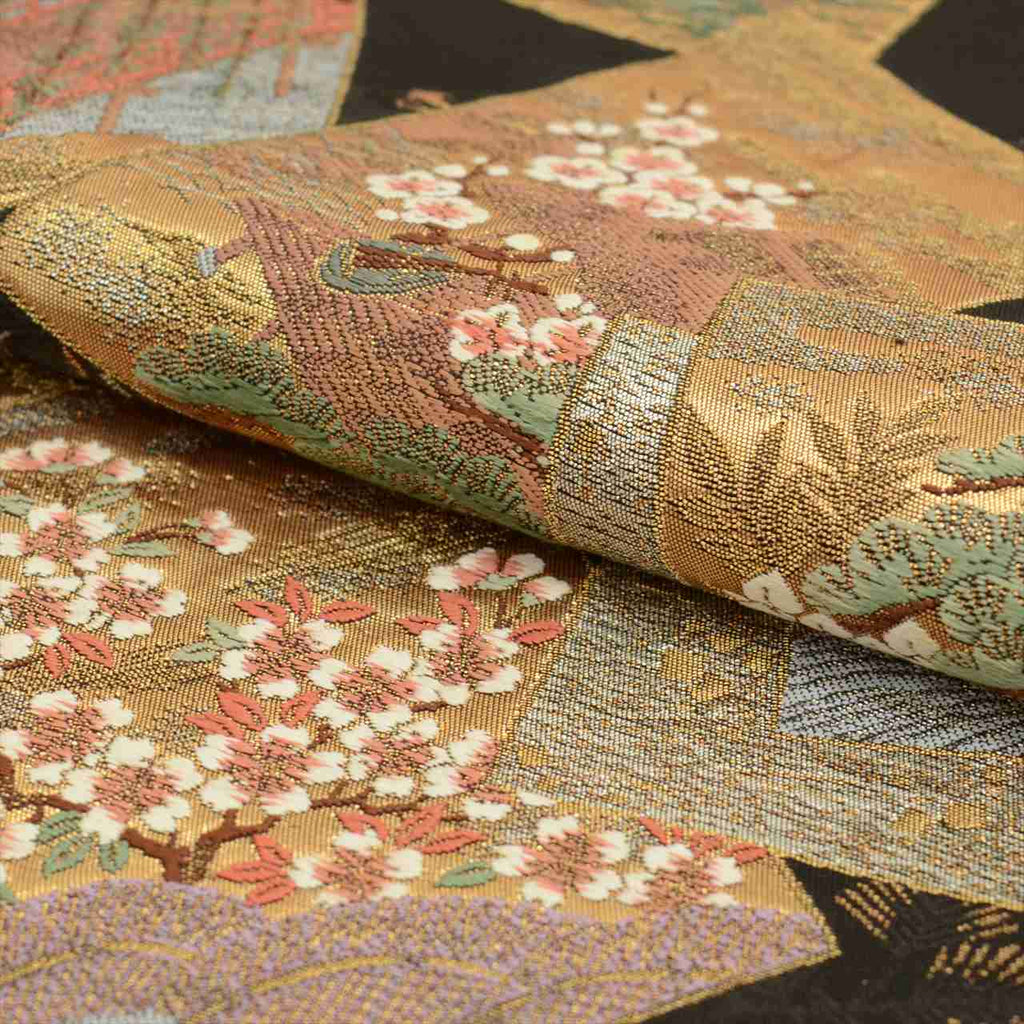 Vintage Japanese Obi | Fukuro Obi | Black Silk | Color Paper Pattern | Hikihaku Embroidery Gold Thread | Sustainable | uu0519b