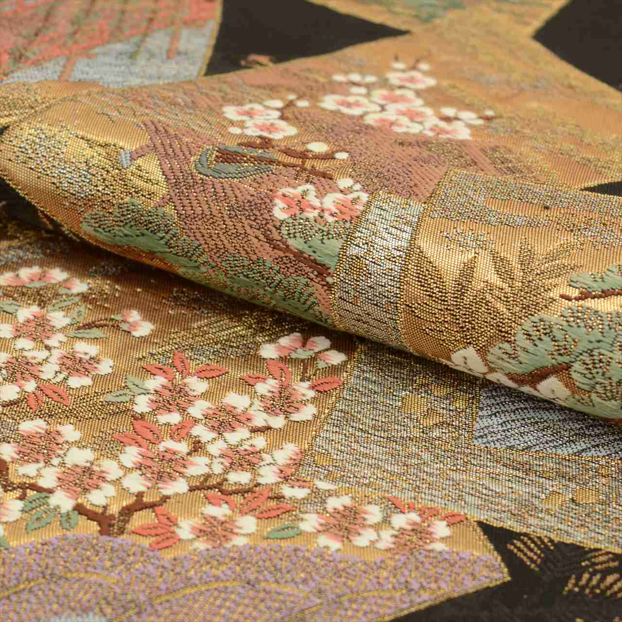 Vintage Japanese Obi | Fukuro Obi | Black Silk | Color Paper Pattern | Hikihaku Embroidery Gold Thread | Sustainable | uu0519b
