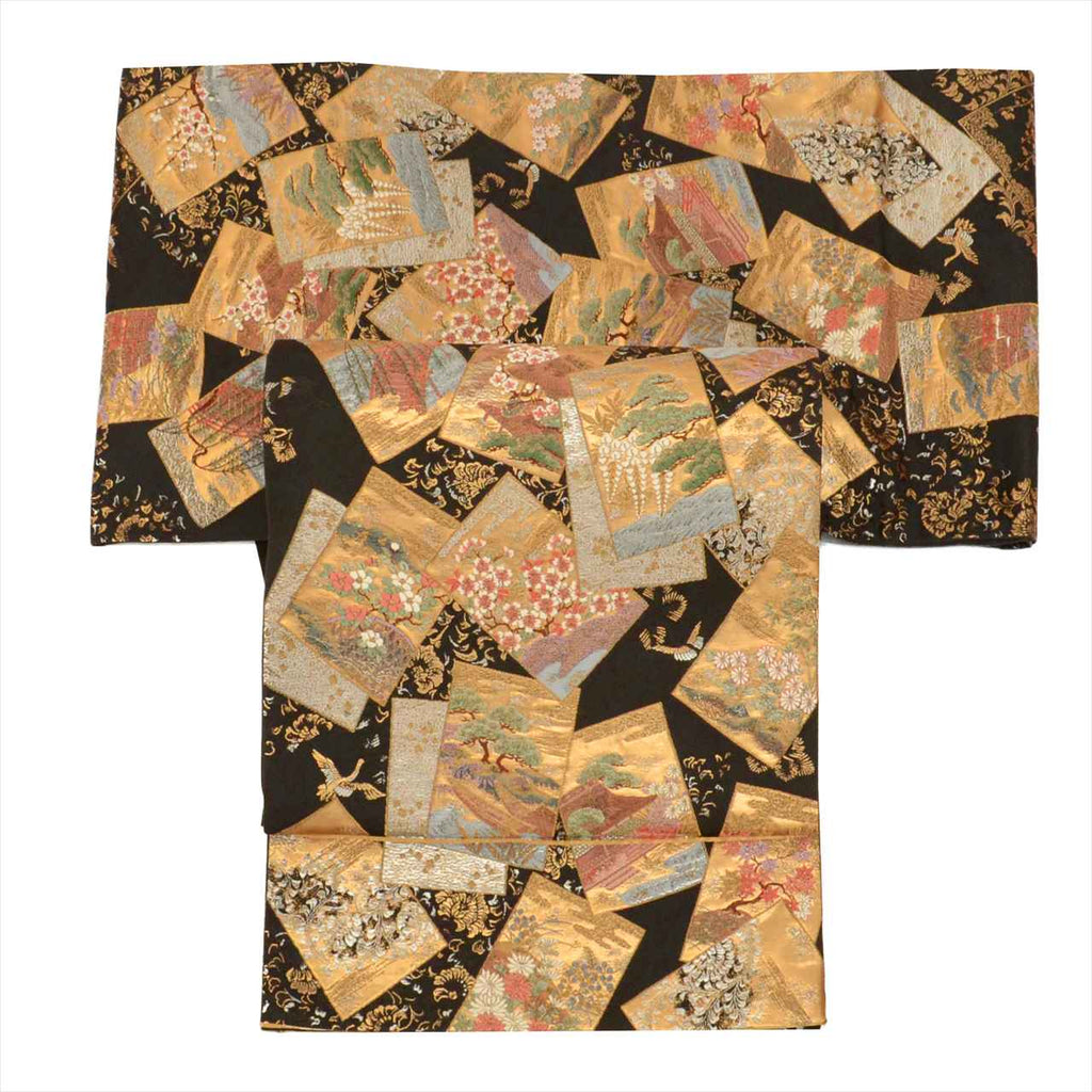 Vintage Japanese Obi | Fukuro Obi | Black Silk | Color Paper Pattern | Hikihaku Embroidery Gold Thread | Sustainable | uu0519b