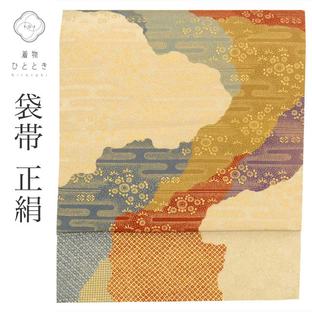 【中古】リサイクル 袋帯 正絹 仕立て上がり ベージュ色系 道長取り文様 全通柄 金彩 uu0524b