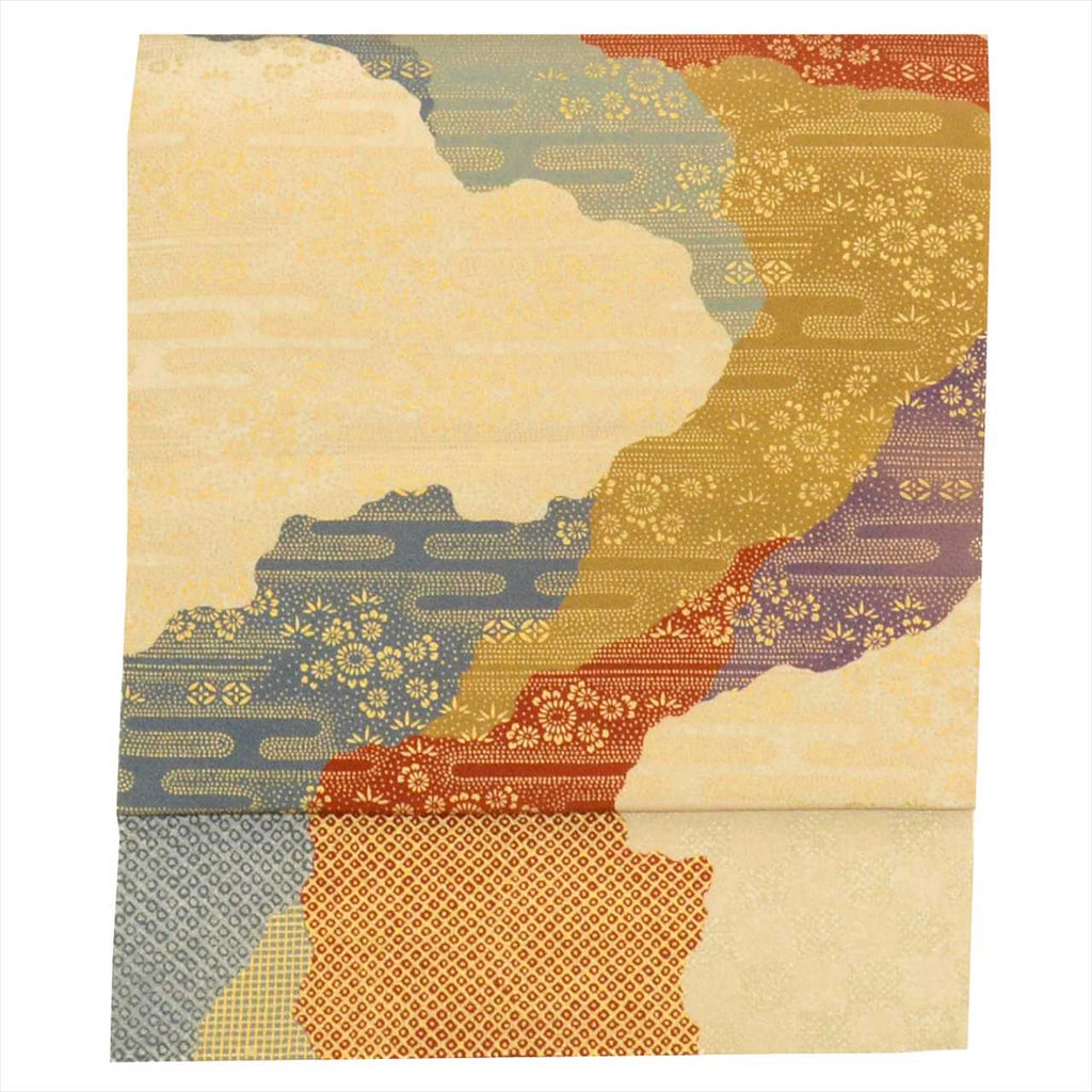 Vintage Japanese Obi | Fukuro Obi | Beige Silk | Michiyuki-dori Pattern | Gold Foil | Sustainable | uu0524b