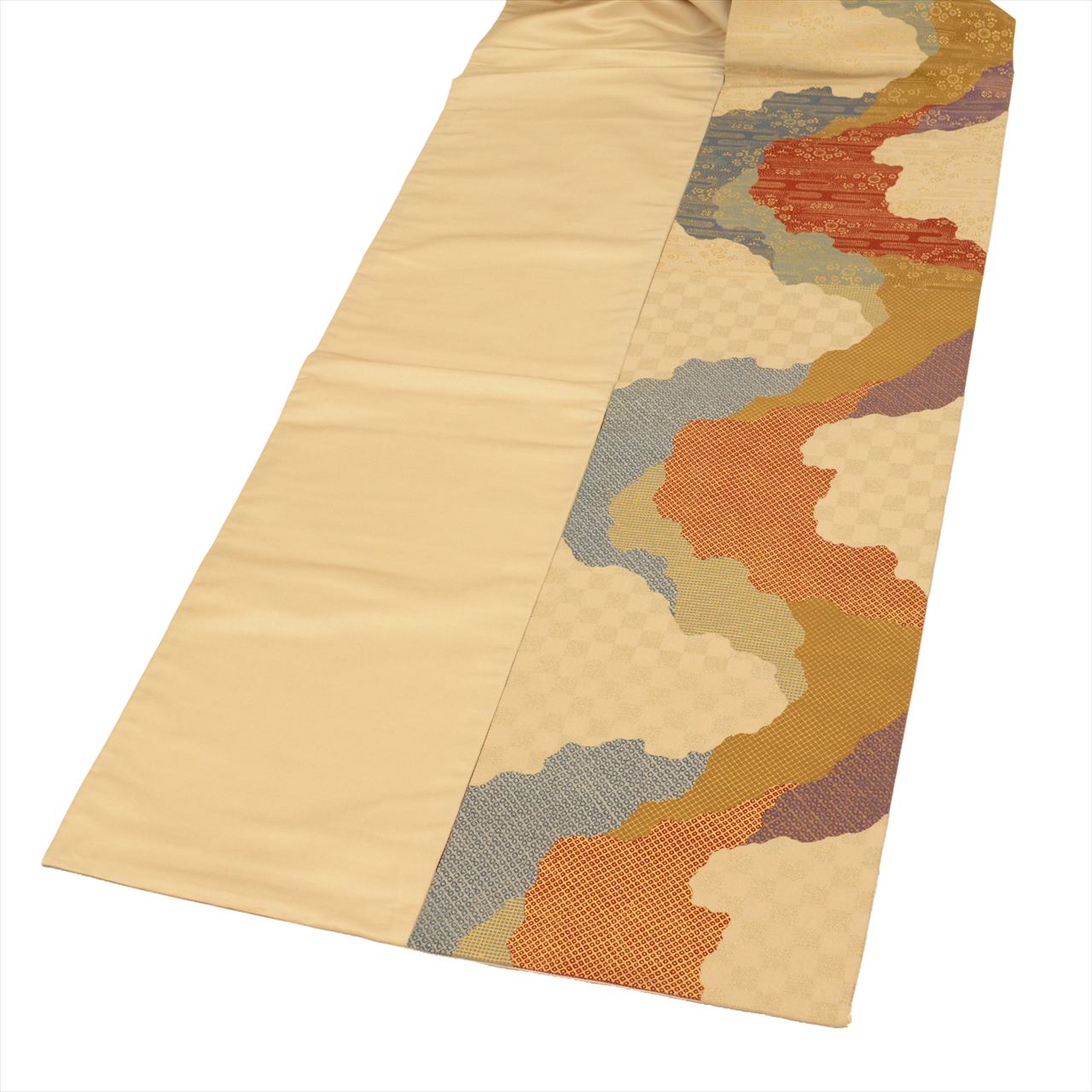 Vintage Japanese Obi | Fukuro Obi | Beige Silk | Michiyuki-dori Pattern | Gold Foil | Sustainable | uu0524b