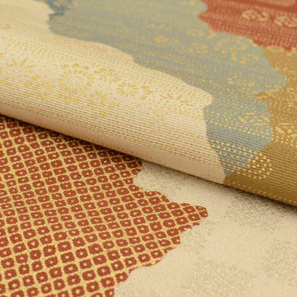 Vintage Japanese Obi | Fukuro Obi | Beige Silk | Michiyuki-dori Pattern | Gold Foil | Sustainable | uu0524b
