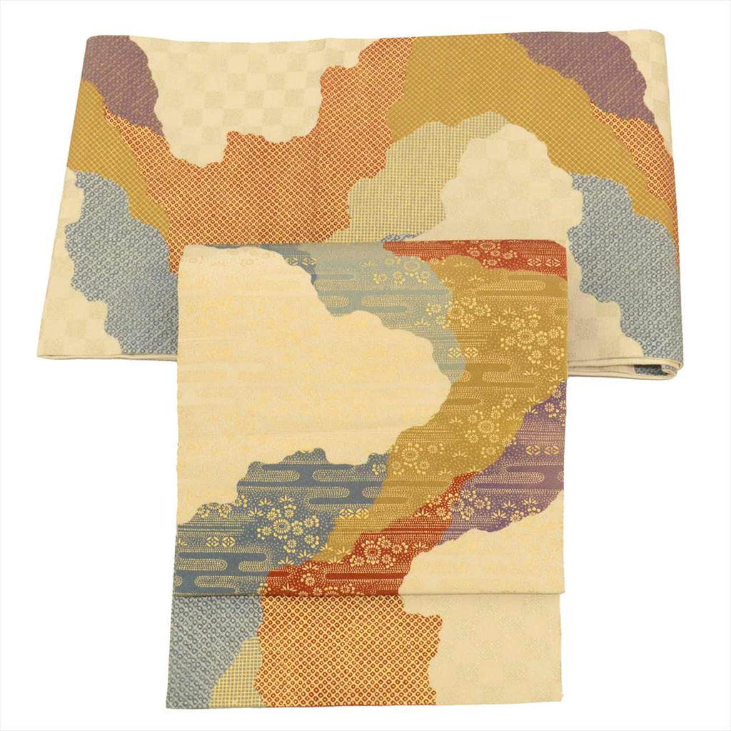 Vintage Japanese Obi | Fukuro Obi | Beige Silk | Michiyuki-dori Pattern | Gold Foil | Sustainable | uu0524b