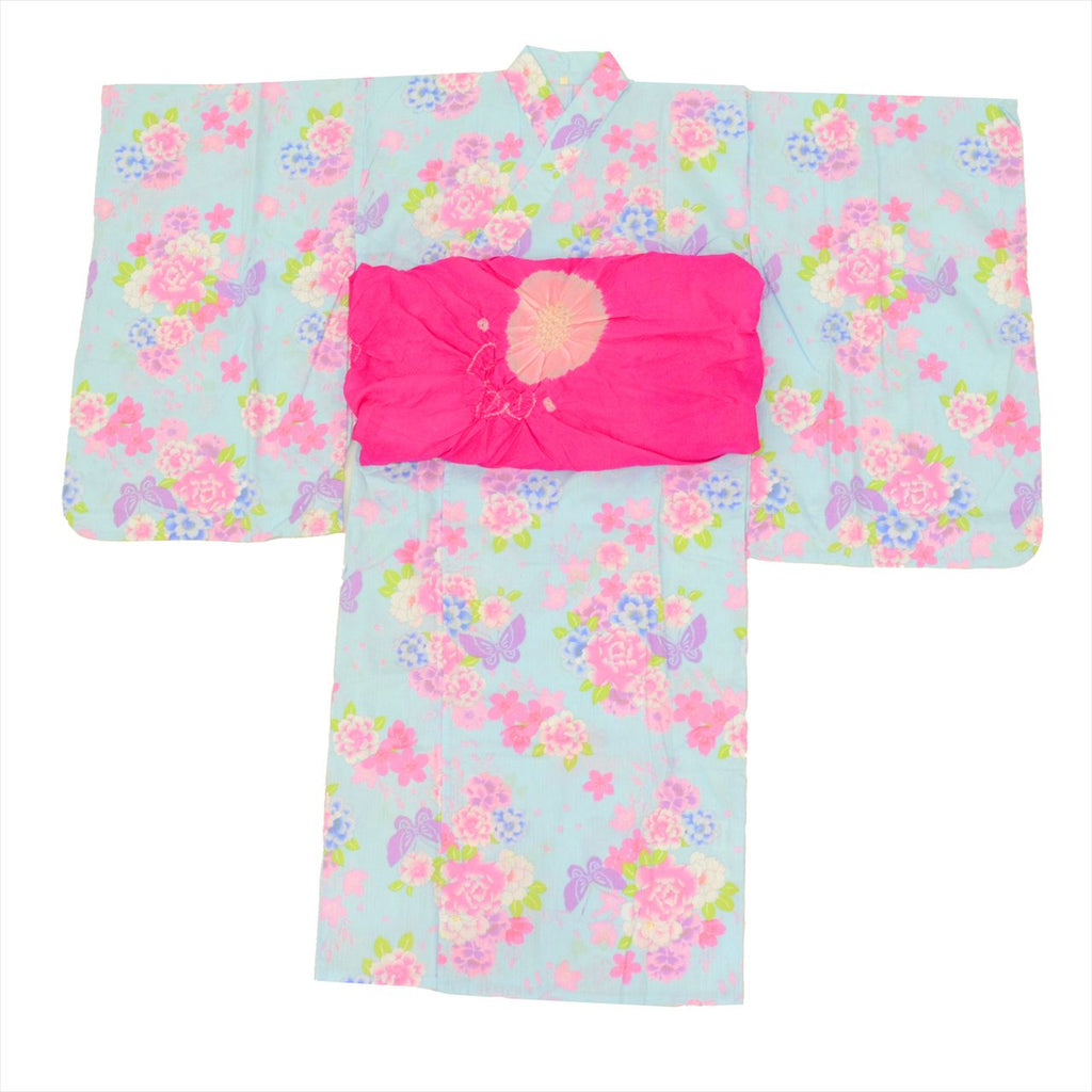 [Used] Recycled Yukata for Girls, Cotton, Size 130, Blue with Floral Pattern, Cotton Plum Blossom Pattern, uu0529b 