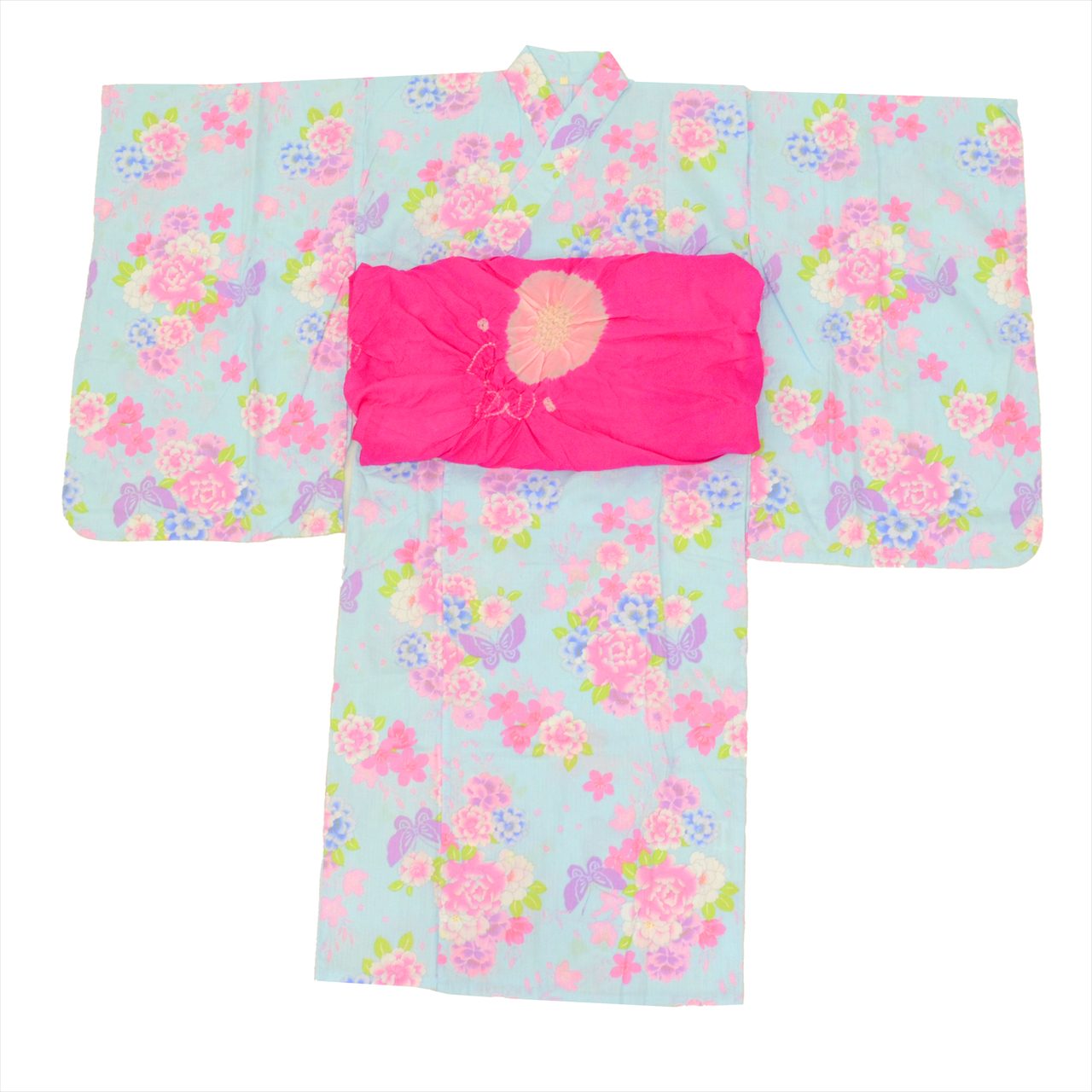 [Used] Recycled Yukata for Girls, Cotton, Size 130, Blue with Floral Pattern, Cotton Plum Blossom Pattern, uu0529b 