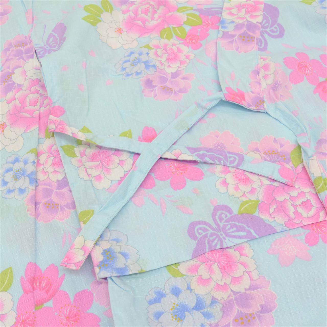 [Used] Recycled Yukata for Girls, Cotton, Size 130, Blue with Floral Pattern, Cotton Plum Blossom Pattern, uu0529b 