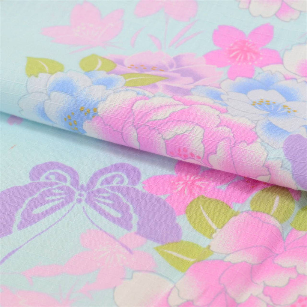 [Used] Recycled Yukata for Girls, Cotton, Size 130, Blue with Floral Pattern, Cotton Plum Blossom Pattern, uu0529b 