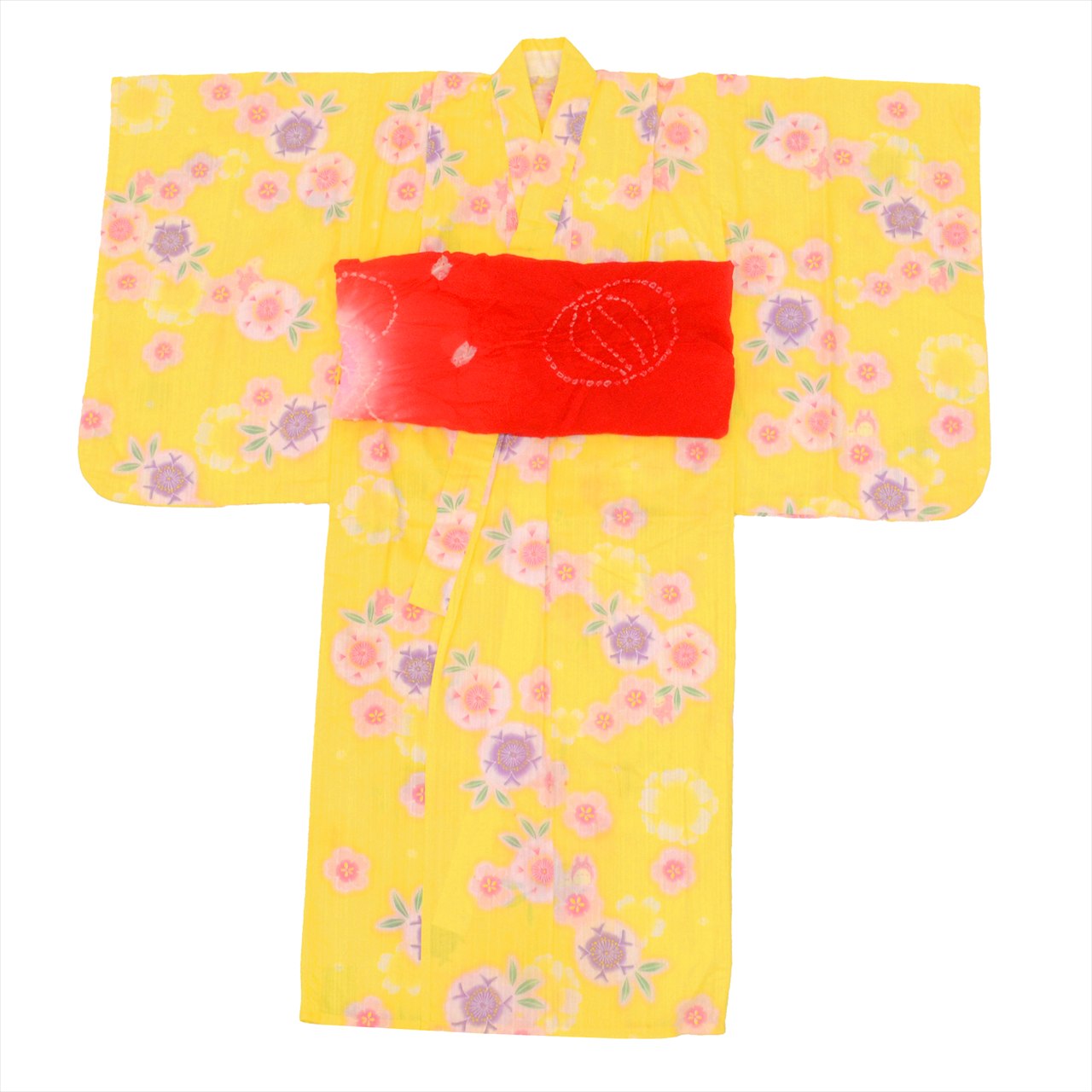 [Used] Recycled Yukata for Girls, Cotton, Size 130, Yellow, Retro Style, with Heiko Obi (Sash) uu0530b 